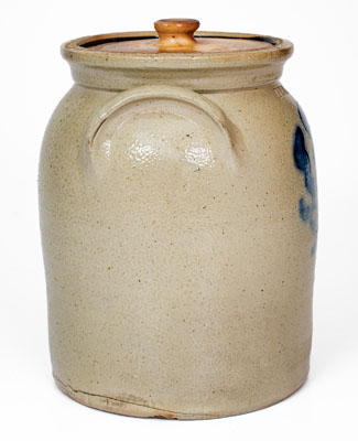 LYONS, New York Lidded Stoneware Jar w/ Cobalt Foliate Decoration, Thompson Harrington, c1860