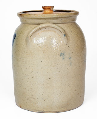 LYONS, New York Lidded Stoneware Jar w/ Cobalt Foliate Decoration, Thompson Harrington, c1860