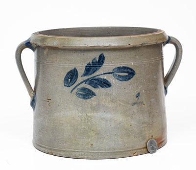 Attrib. Brown Family, Alleghany County, Virginia Open-Handled Stoneware Cake Crock w/ Cobalt Floral Decoration