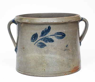 Attrib. Brown Family, Alleghany County, Virginia Open-Handled Stoneware Cake Crock w/ Cobalt Floral Decoration