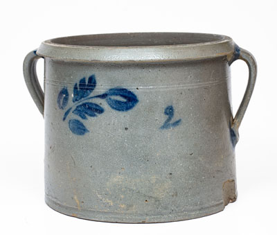 Attrib. Brown Family, Alleghany County, Virginia Open-Handled Stoneware Cake Crock w/ Cobalt Floral Decoration