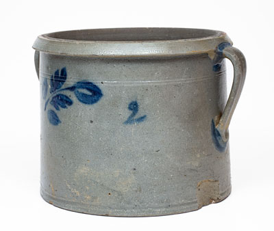 Attrib. Brown Family, Alleghany County, Virginia Open-Handled Stoneware Cake Crock w/ Cobalt Floral Decoration