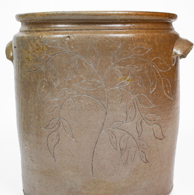 Six-Gallon Salt-Glazed Stoneware Jar w/ Elaborate Incised Foliate Decoration, probably Ohio