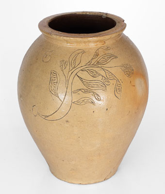 Three-Gallon Ohio Salt-Glazed Stoneware Jar w/ Incised Floral Decoration, mid 19th century