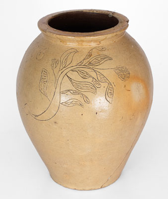 Three-Gallon Ohio Salt-Glazed Stoneware Jar w/ Incised Floral Decoration, mid 19th century