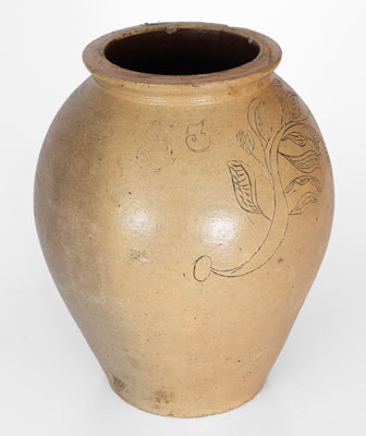 Three-Gallon Ohio Salt-Glazed Stoneware Jar w/ Incised Floral Decoration, mid 19th century