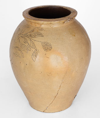 Three-Gallon Ohio Salt-Glazed Stoneware Jar w/ Incised Floral Decoration, mid 19th century