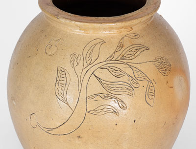 Three-Gallon Ohio Salt-Glazed Stoneware Jar w/ Incised Floral Decoration, mid 19th century