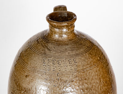 Unusual Alkaline-Glazed North Carolina Stoneware Jug w/ Profuse Impressed Capacity Mark Decoration