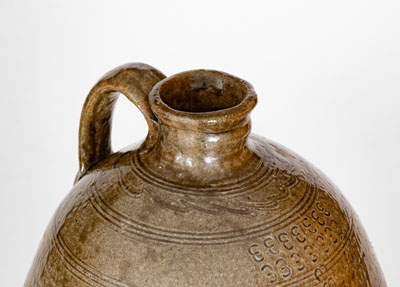 Unusual Alkaline-Glazed North Carolina Stoneware Jug w/ Profuse Impressed Capacity Mark Decoration