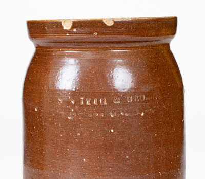 Albany-Slip-Glazed S SMYTH & BRO. / HOLLY SPRINGS, MISS. Stoneware Jar, circa 1870-1887