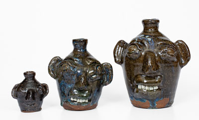 Graduated Group of Three B. B. CRAIG / VALE, N.C. Alkaline-Glazed Stoneware Face Jugs