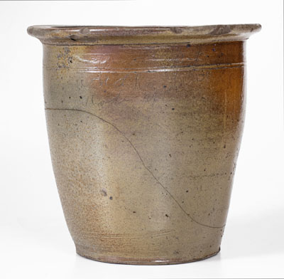 Rare Salt-Glazed Stoneware Jar with Incised Soldier and Inscription, attrib. Moses P. Harmon Pottery, Greene County, TN