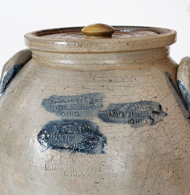 Four-Gallon Lidded Stoneware Jar Stamped Four Times A. DEHAVEN / MIDDLEBURY / OHIO