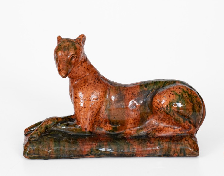 Copper-Glazed Redware Whippet, Bell Family, second half 19th century.