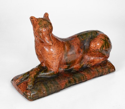 Copper-Glazed Redware Whippet, Bell Family, second half 19th century.