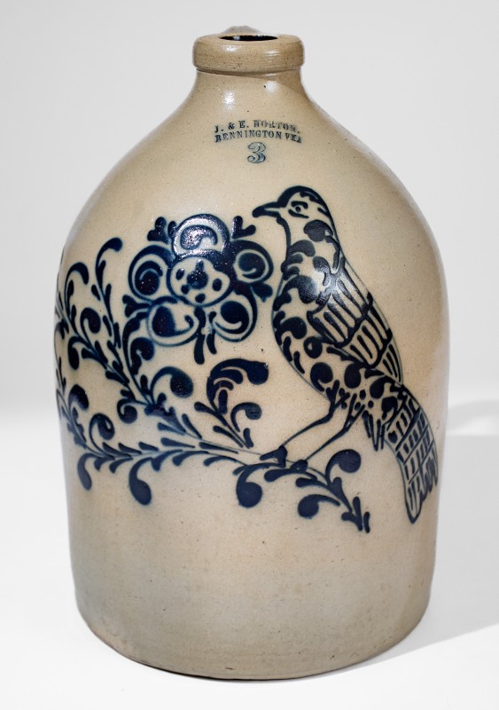 3 Gal. J. & E. NORTON / BENNINGTON, VT Stoneware Jug with Elaborate Bird and Floral Decoration