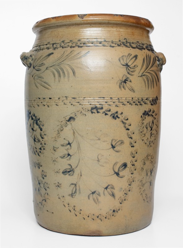 Rare 10 Gal. D. G. THOMPSON / MORGANTOWN Stoneware Jar w/ Elaborate Cobalt Decoration.