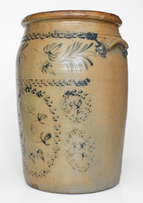 Rare 10 Gal. D. G. THOMPSON / MORGANTOWN Stoneware Jar w/ Elaborate Cobalt Decoration.