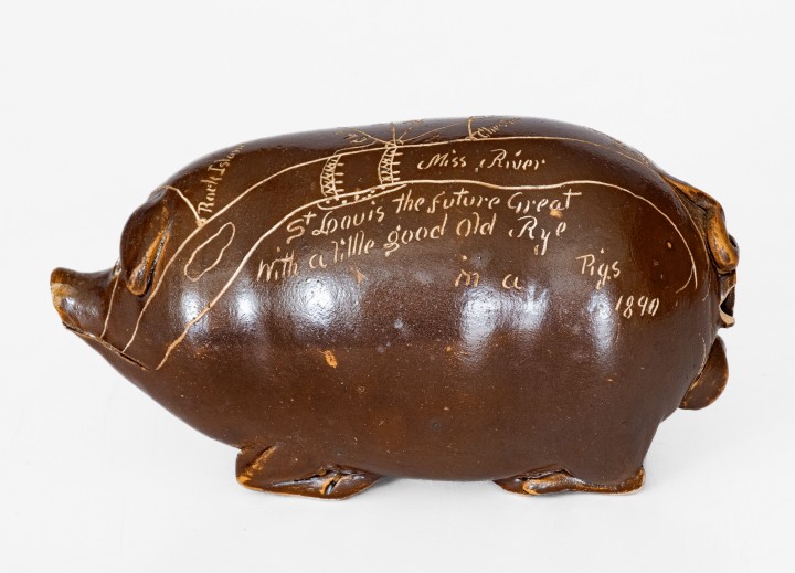 Anna Pottery Pig Flask with Incised Railroad Map, Dated 1890. 