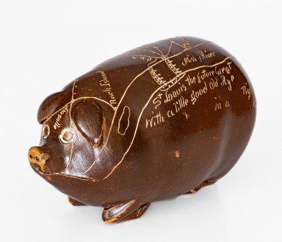 Anna Pottery Pig Flask with Incised Railroad Map, Dated 1890. 