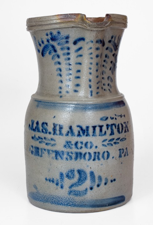 2 Gal. JAS. HAMILTON & CO. / GREENSBORO, PA Stoneware Pitcher with Elaborate Decoration