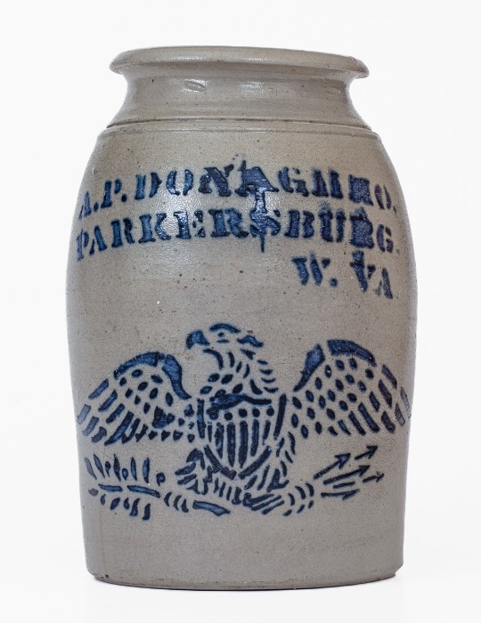 Fine Cobalt-Decorated Stoneware Canning Jar with Stenciled Eagle Motif, Stenciled 