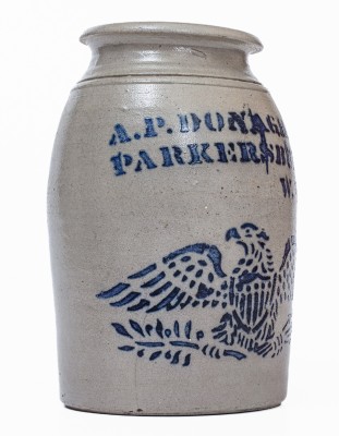 Fine Cobalt-Decorated Stoneware Canning Jar with Stenciled Eagle Motif, Stenciled 