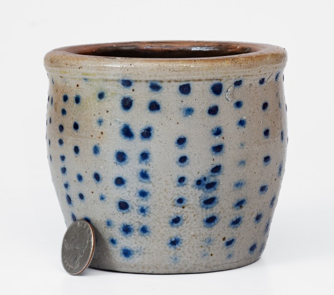 Rare Diminutive Stoneware Jar with Profuse Cobalt Spot Decoration, OH origin, third quarter 19th century.