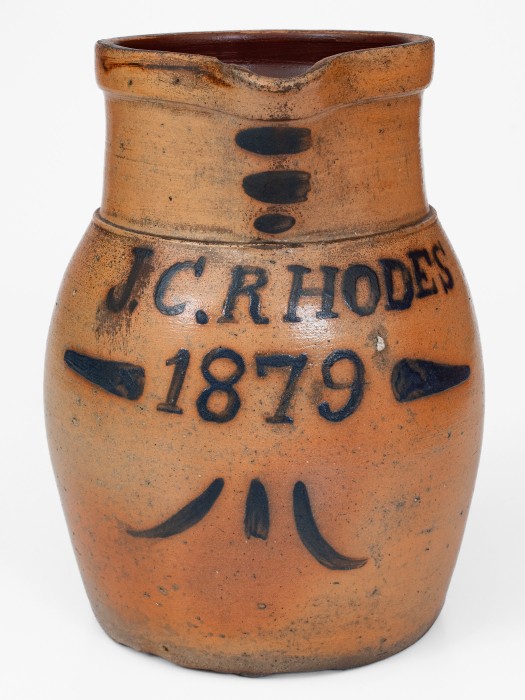 Exceedingly Rare One-Gallon Cobalt-Decorated Stoneware Presentation Pitcher, Inscribed 