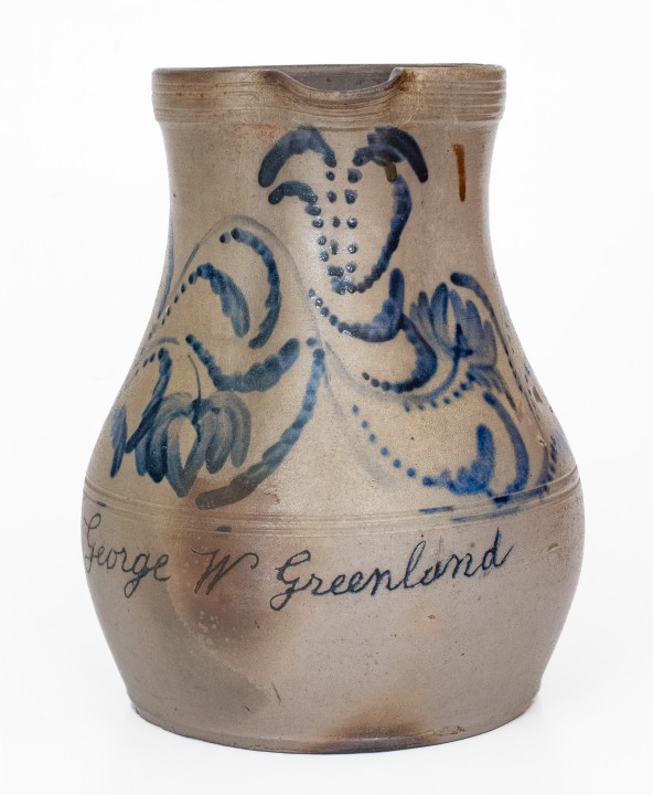 Exceedingly Rare Stoneware Presentation Pitcher with Profuse Cobalt Floral Decoration, Inscribed 