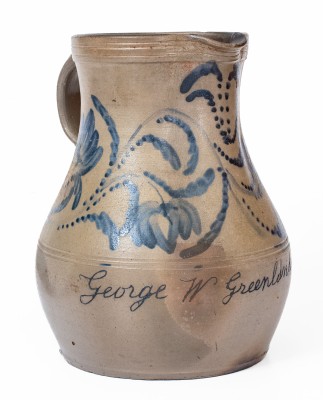 Exceedingly Rare Stoneware Presentation Pitcher with Profuse Cobalt Floral Decoration, Inscribed 