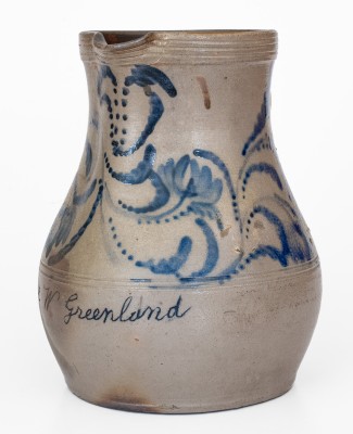 Exceedingly Rare Stoneware Presentation Pitcher with Profuse Cobalt Floral Decoration, Inscribed 