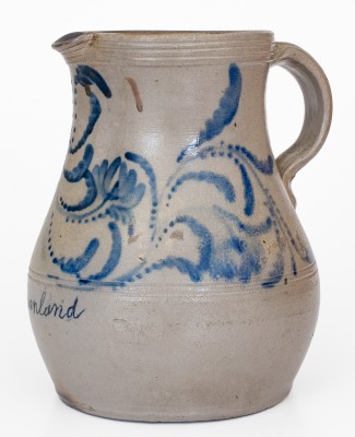 Exceedingly Rare Stoneware Presentation Pitcher with Profuse Cobalt Floral Decoration, Inscribed 