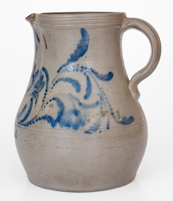 Exceedingly Rare Stoneware Presentation Pitcher with Profuse Cobalt Floral Decoration, Inscribed 