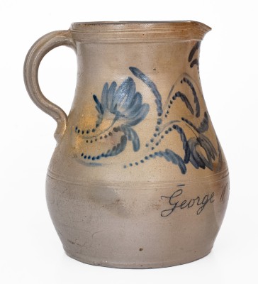 Exceedingly Rare Stoneware Presentation Pitcher with Profuse Cobalt Floral Decoration, Inscribed 