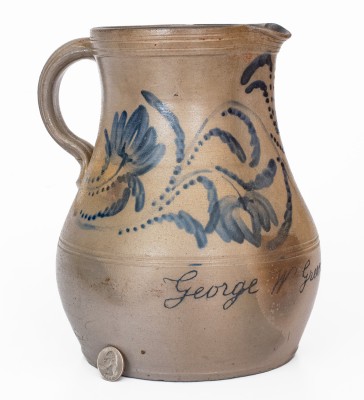 Exceedingly Rare Stoneware Presentation Pitcher with Profuse Cobalt Floral Decoration, Inscribed 