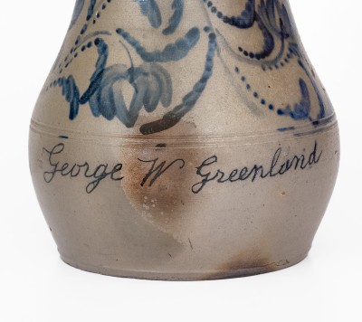 Exceedingly Rare Stoneware Presentation Pitcher with Profuse Cobalt Floral Decoration, Inscribed 