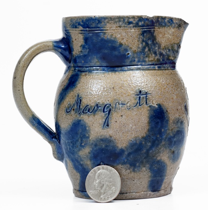 Exceedingly Rare Miniature Stoneware Presentation Pitcher with Incised and Brushed-Cobalt Floral Decorations, attributed to Elisha Parr, Baltimore, MD, circa 1820. 