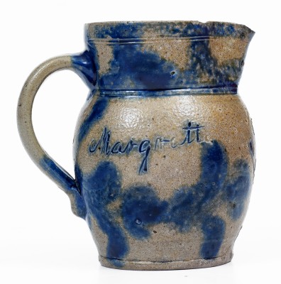 Exceedingly Rare Miniature Stoneware Presentation Pitcher with Incised and Brushed-Cobalt Floral Decorations, attributed to Elisha Parr, Baltimore, MD, circa 1820. 