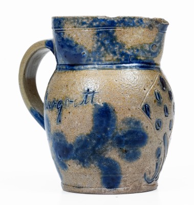 Exceedingly Rare Miniature Stoneware Presentation Pitcher with Incised and Brushed-Cobalt Floral Decorations, attributed to Elisha Parr, Baltimore, MD, circa 1820. 