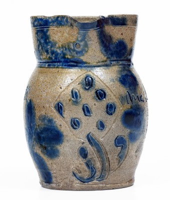 Exceedingly Rare Miniature Stoneware Presentation Pitcher with Incised and Brushed-Cobalt Floral Decorations, attributed to Elisha Parr, Baltimore, MD, circa 1820. 