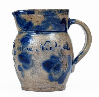 Exceedingly Rare Miniature Stoneware Presentation Pitcher with Incised and Brushed-Cobalt Floral Decorations, attributed to Elisha Parr, Baltimore, MD, circa 1820. 