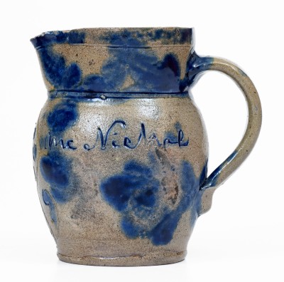 Exceedingly Rare Miniature Stoneware Presentation Pitcher with Incised and Brushed-Cobalt Floral Decorations, attributed to Elisha Parr, Baltimore, MD, circa 1820. 