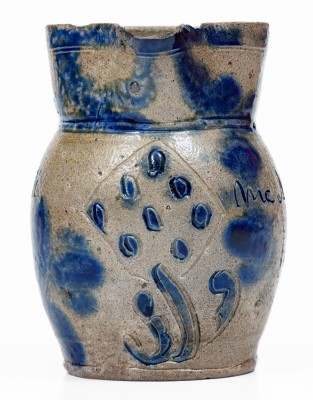 Exceedingly Rare Miniature Stoneware Presentation Pitcher with Incised and Brushed-Cobalt Floral Decorations, attributed to Elisha Parr, Baltimore, MD, circa 1820. 