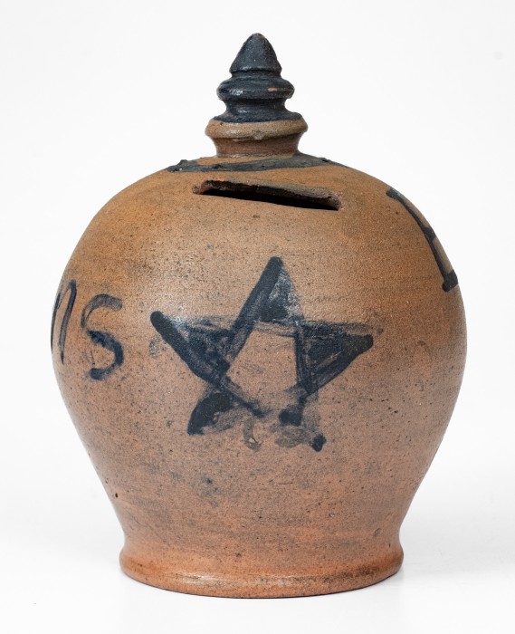 Rare Stoneware Presentation Bank with Cobalt Star Decoration, Inscribed 