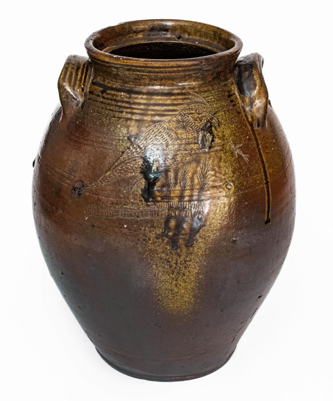 Rare Four-Gallon Chester Webster, Randolph Co, NC Stoneware Jar w/ Incised Bird and Dramatic Salt Glaze