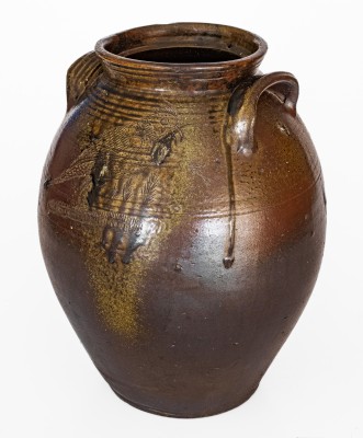 Rare Four-Gallon Chester Webster, Randolph Co, NC Stoneware Jar w/ Incised Bird and Dramatic Salt Glaze