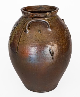 Rare Four-Gallon Chester Webster, Randolph Co, NC Stoneware Jar w/ Incised Bird and Dramatic Salt Glaze