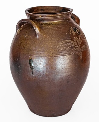 Rare Four-Gallon Chester Webster, Randolph Co, NC Stoneware Jar w/ Incised Bird and Dramatic Salt Glaze